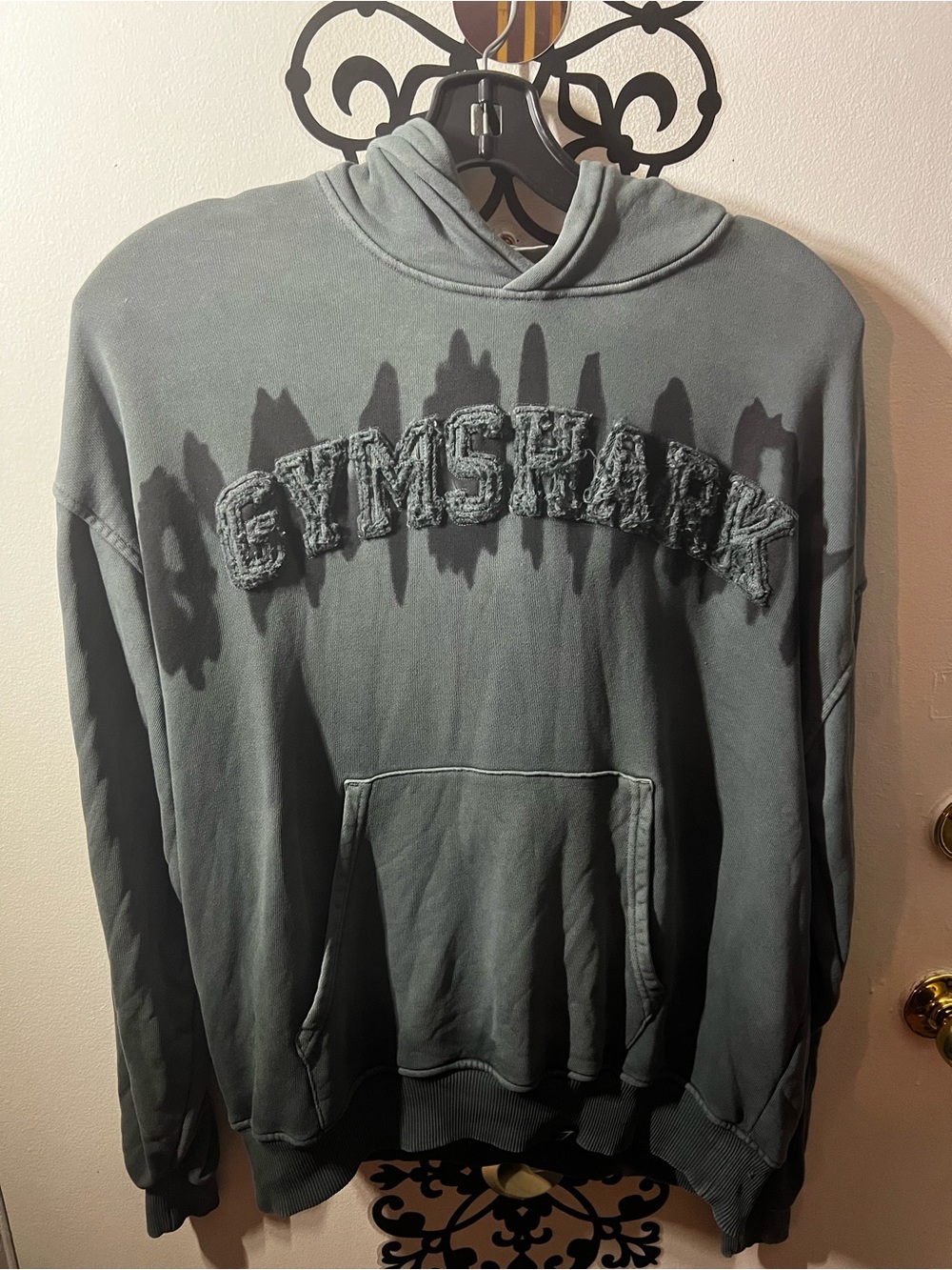 Gymshark Men's Hoodie in Slate Green with Distressed Logo